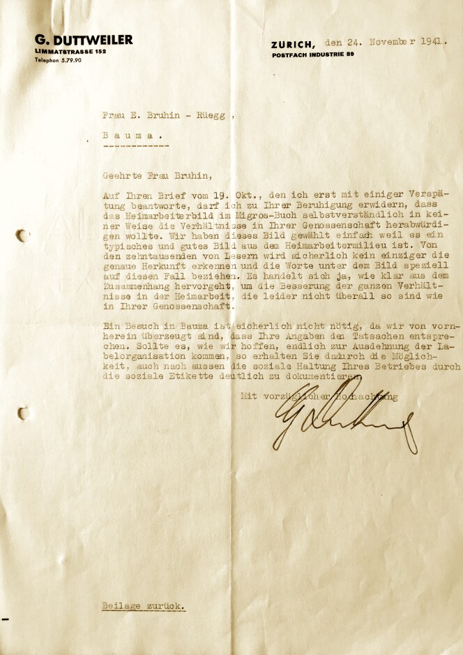Brief von Gottlieb Duttweiler an das Heimatwerk